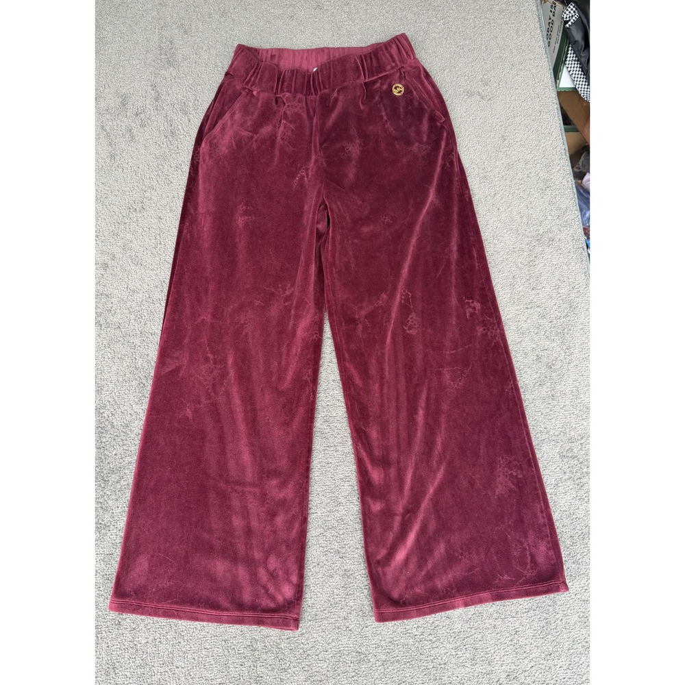 Michael Michael Kors Burgundy Velour Wide Leg Pants Gold Logo Medallion Size M